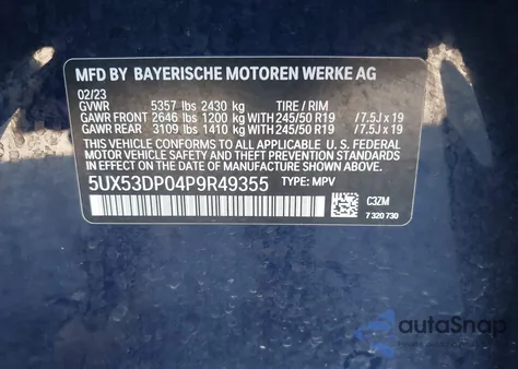 2023 BMW X3 xDrive30I из США, поврежденный, VIN 5UX53DP04P9R49355